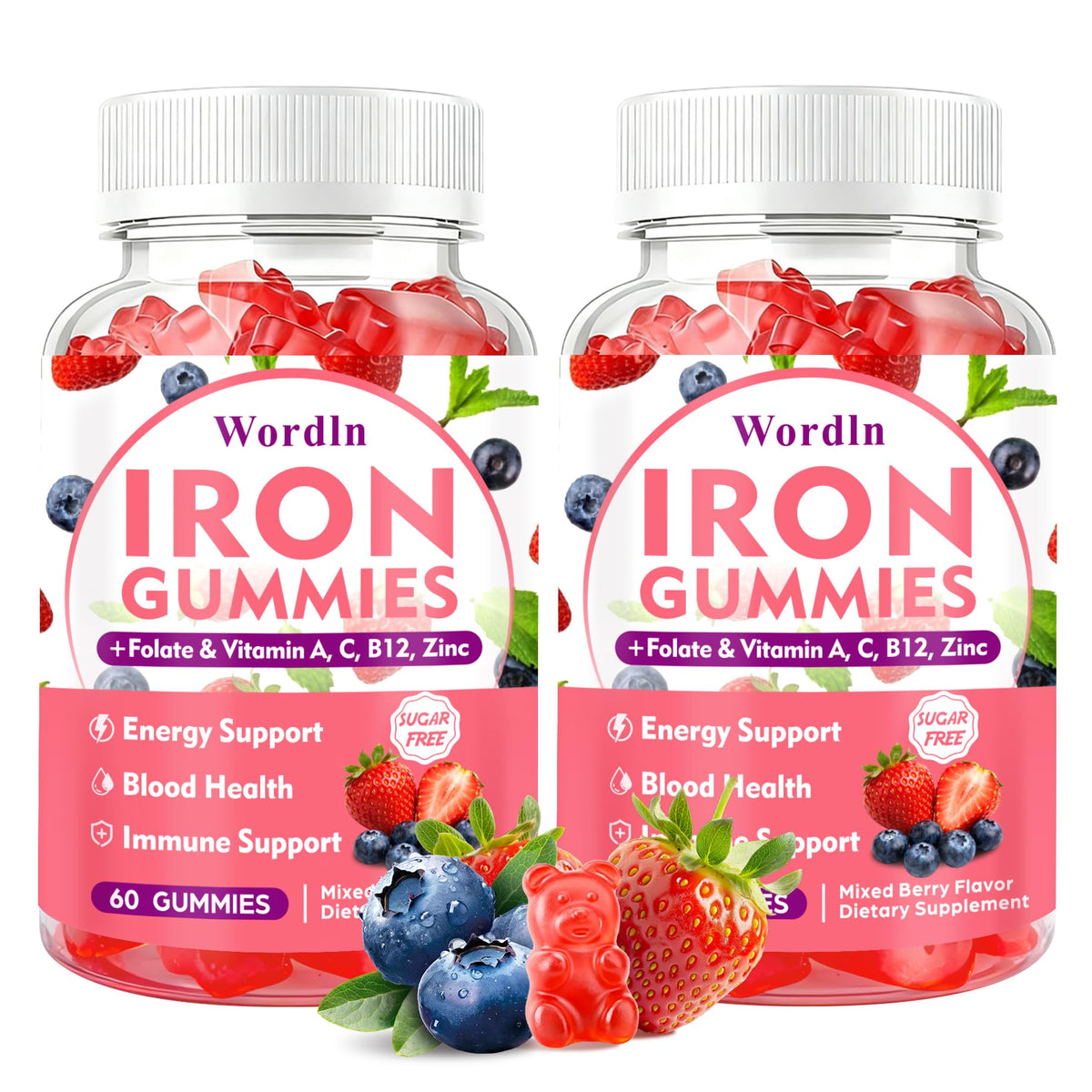 Wordln Iron Gummies bottle front shows vegan iron for energy support.