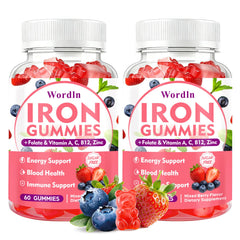 Wordln Iron Gummies bottle front shows vegan iron for energy support.