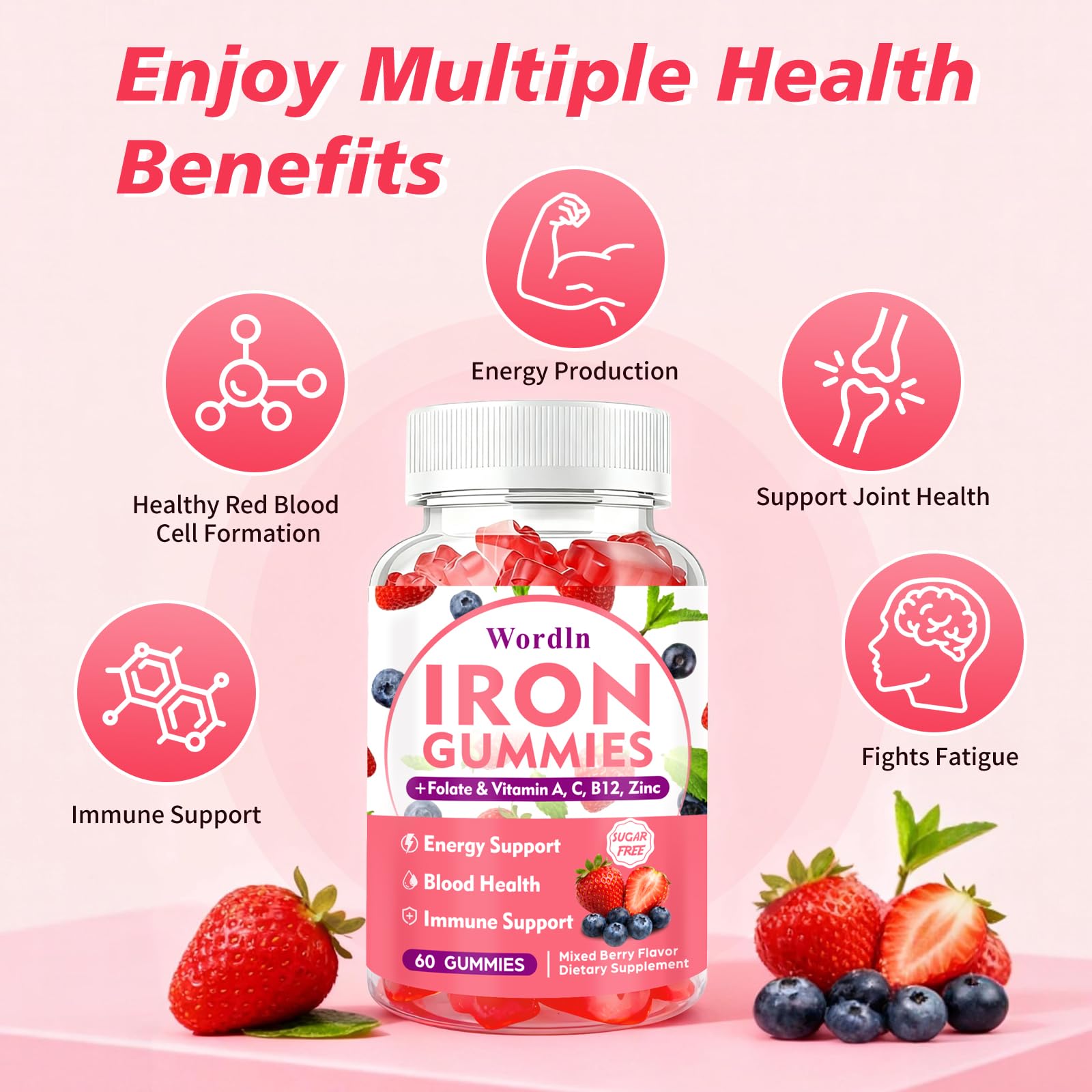 Two Wordln Iron Gummies bottles illustrate a family-friendly iron option for daily use.