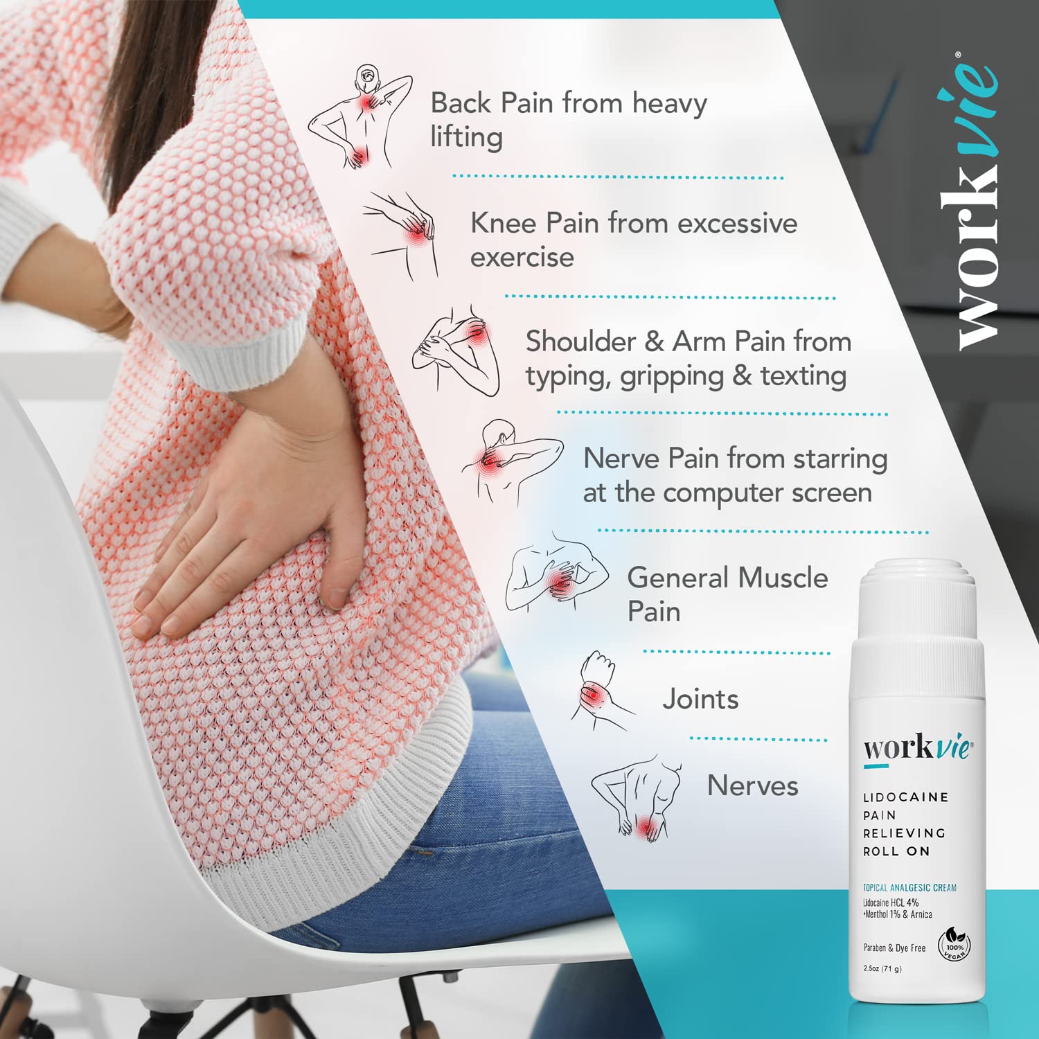 Workvie Lidocaine Roll-On label highlights 4 percent lidocaine content.