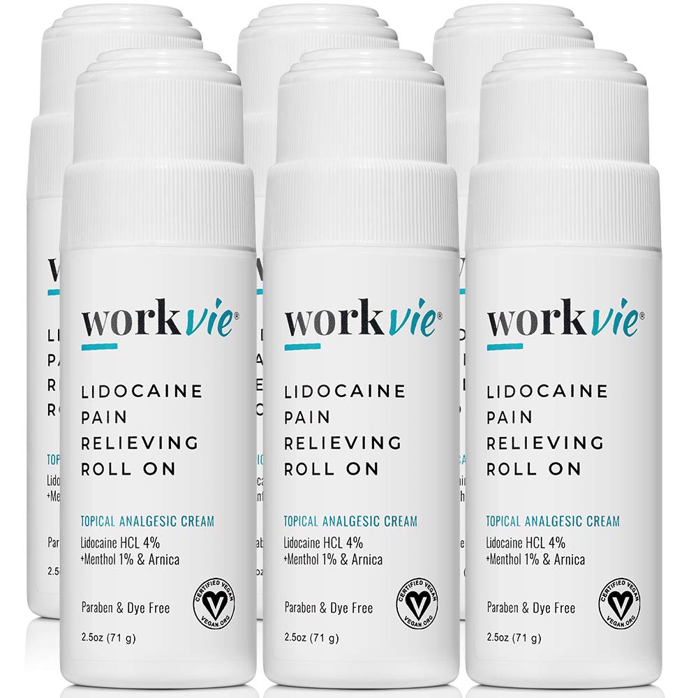 Workvie Lidocaine Roll-On bottle front showing 4% lidocaine for temporary pain relief.