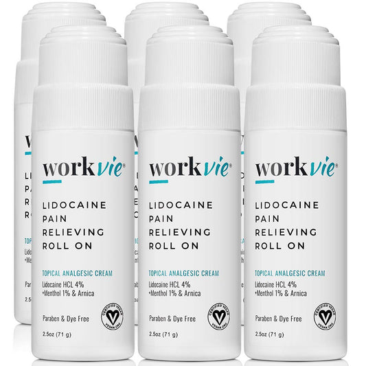 Workvie Lidocaine Roll-On bottle front showing 4% lidocaine for temporary pain relief.