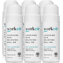 Workvie Lidocaine Roll-On bottle front showing 4% lidocaine for temporary pain relief.