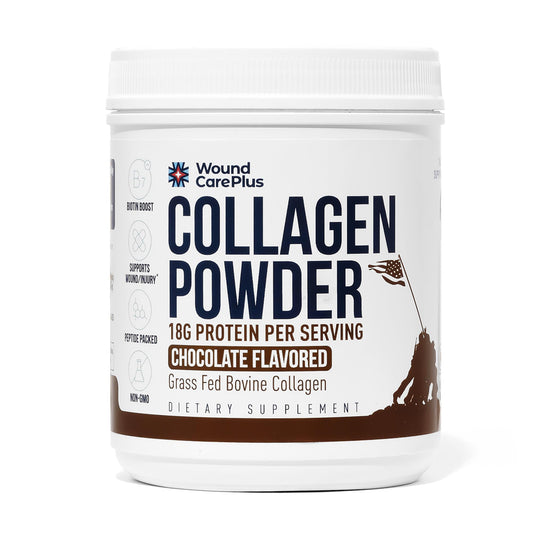 Wound Care Plus collagen powder chocolate bottle showing easy daily use
