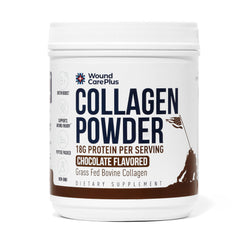 Wound Care Plus collagen powder chocolate bottle showing easy daily use