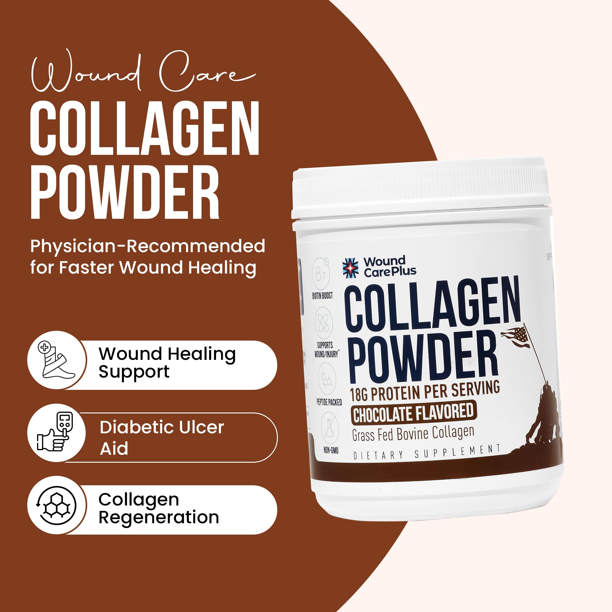 Wound Care Plus collagen powder chocolate scoop highlights precise serving sizes