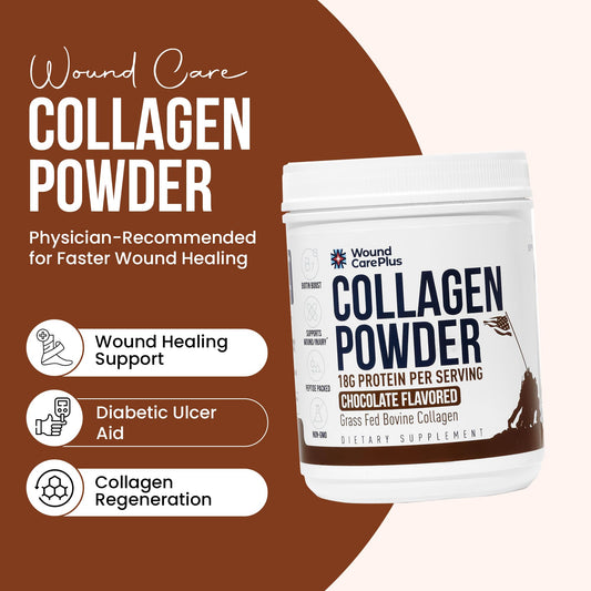 Wound Care Plus collagen powder chocolate scoop highlights precise serving sizes