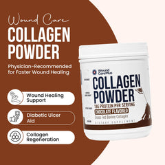 Wound Care Plus collagen powder chocolate scoop highlights precise serving sizes