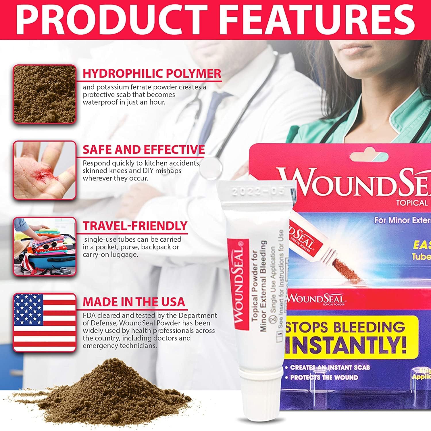 WoundSeal powder applied with light pressure to help stop bleeding.