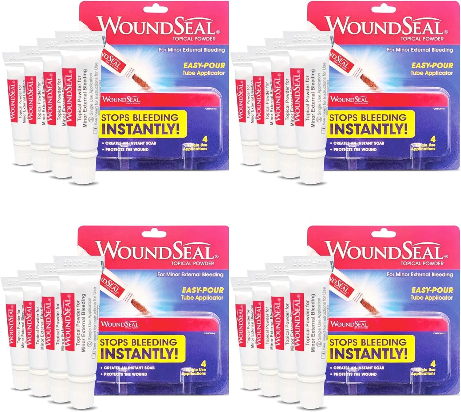 WoundSeal powder tube front view for on-the-go first aid that stops bleeding quickly.