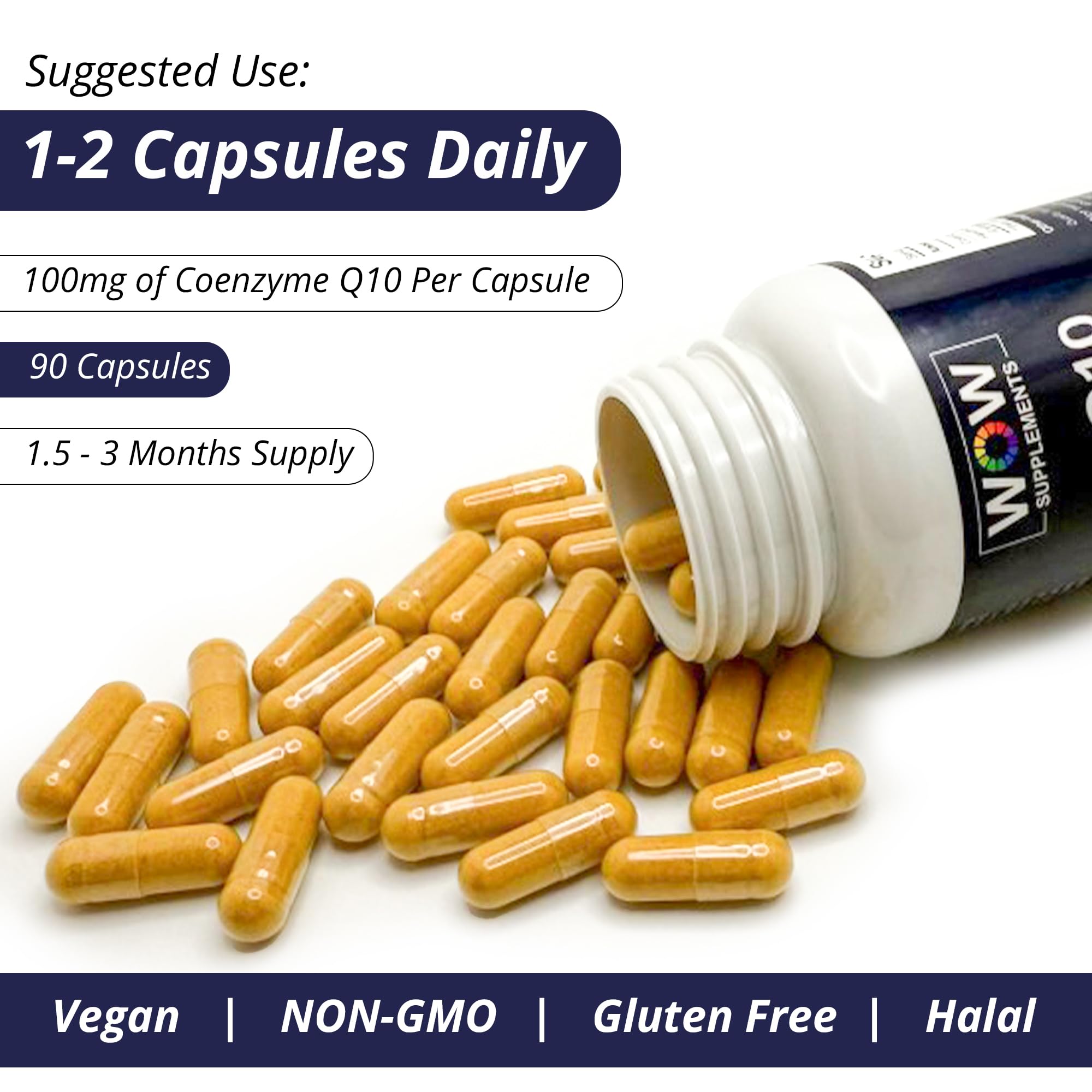 WOW Supplements CoQ10 bottle with glass demonstrates simple daily habit for energy.