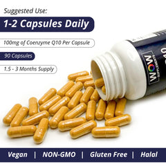 WOW Supplements CoQ10 bottle with glass demonstrates simple daily habit for energy.