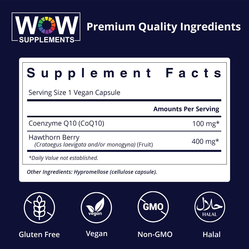 WOW Supplements CoQ10 capsules closeup highlights vegan gluten free formula.