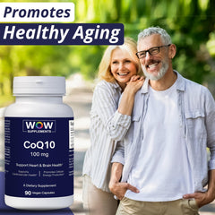 WOW Supplements CoQ10 serving capsules illustrate easy daily dosage for energy and cellular support.