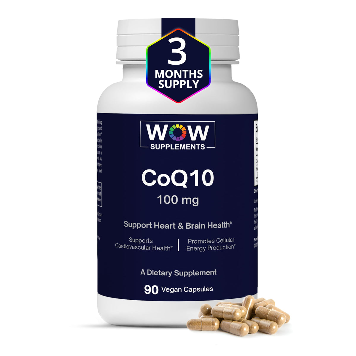 WOW Supplements CoQ10 with Hawthorn bottle shows 100 mg capsules for energy support.