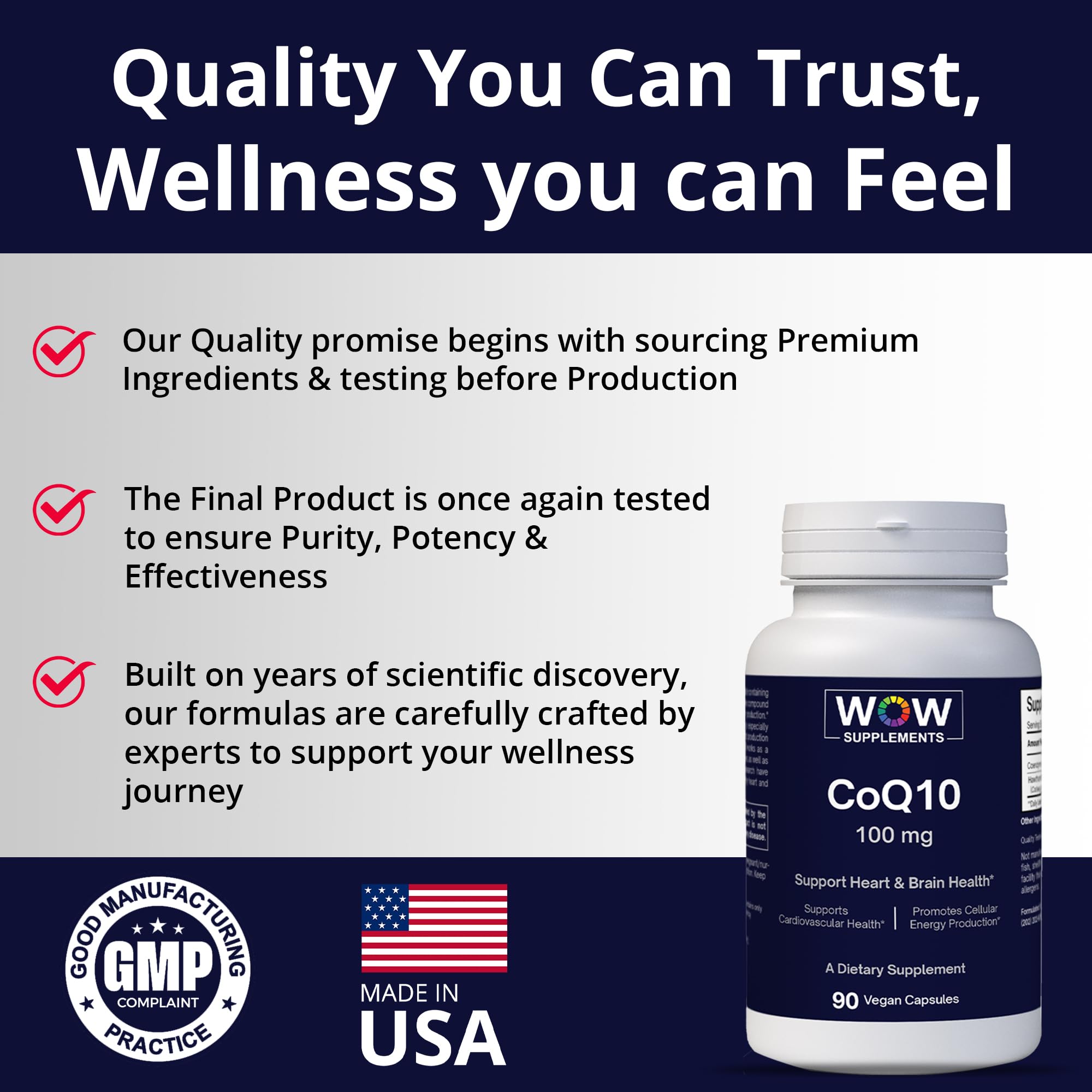 WOW Supplements CoQ10 packaging front emphasizes vegan gluten free formula.