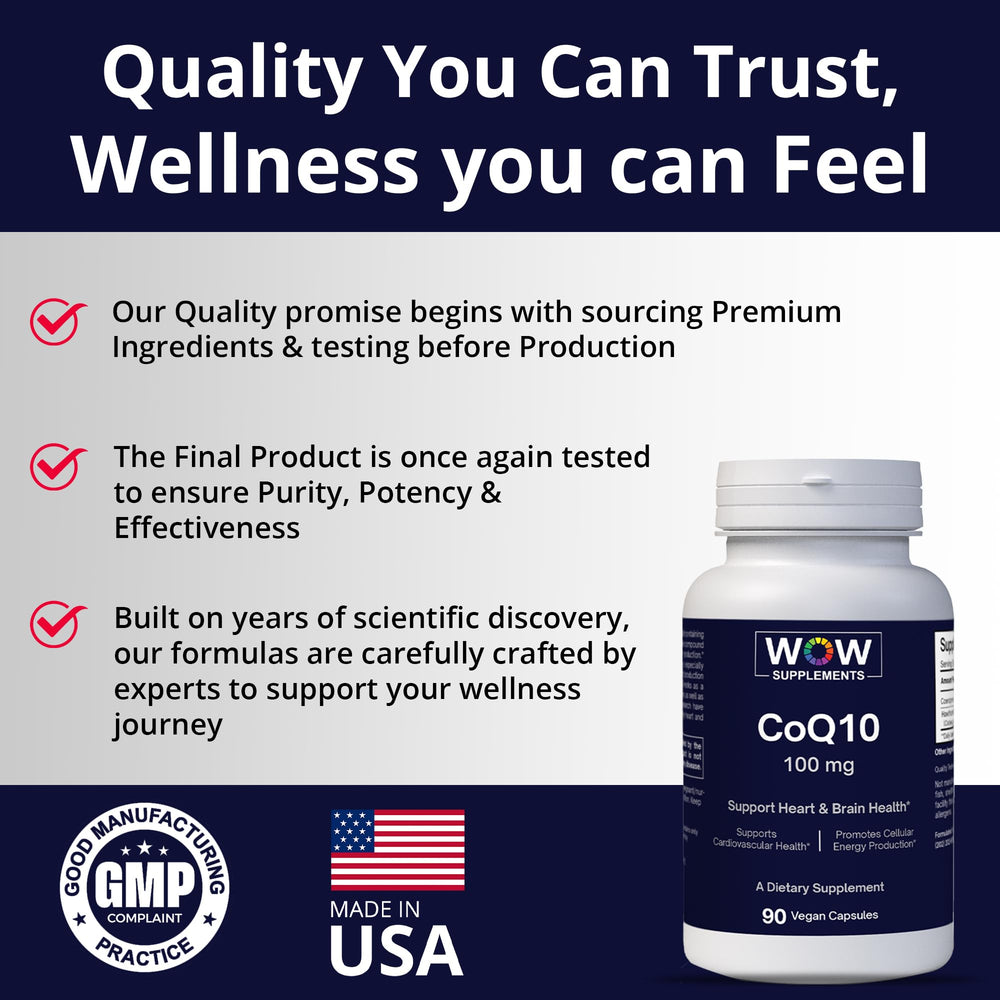 WOW Supplements CoQ10 packaging front emphasizes vegan gluten free formula.