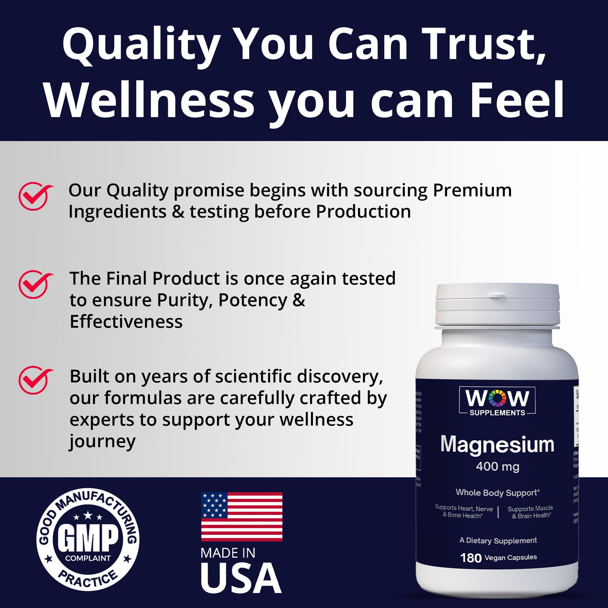 WOW Supplements magnesium label closeup – premium blend for heart, nerves, and muscles