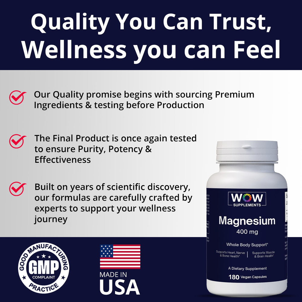 WOW Supplements magnesium label closeup – premium blend for heart, nerves, and muscles