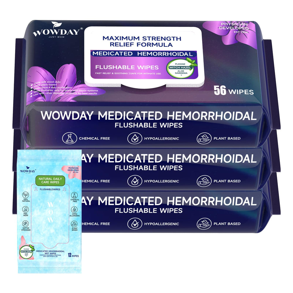 WowDay flushable wipes pack for on-the-go comfort and discreet hygiene.