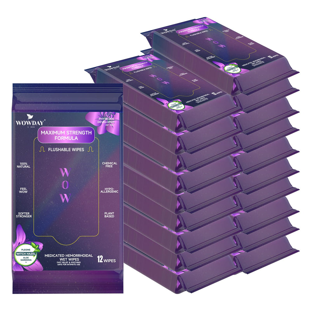 WowDay flushable hemorrhoid wipes front packaging showing fragrance-free formula