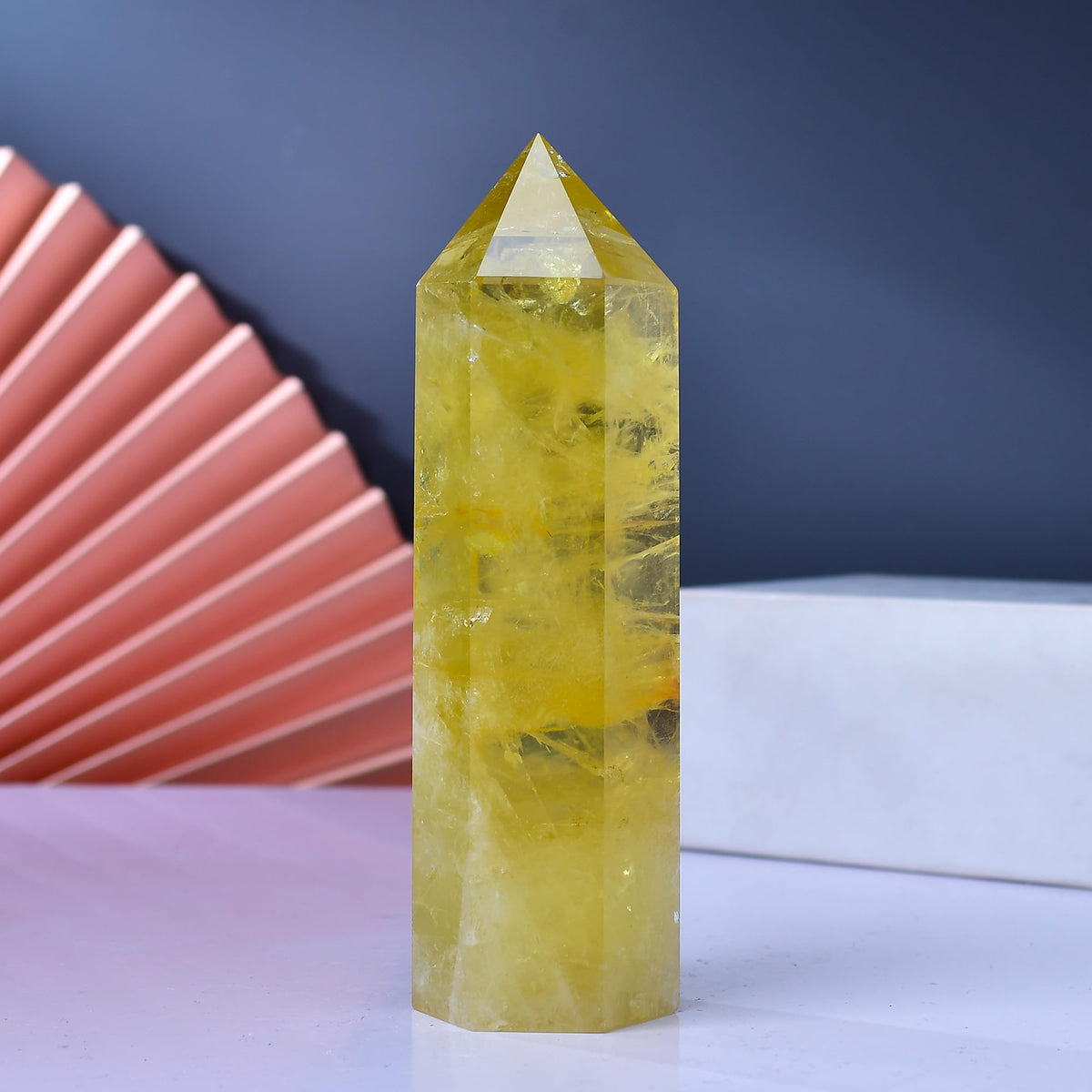 WUYOUSHI Citrine tower front view enhances meditation space with natural glow.