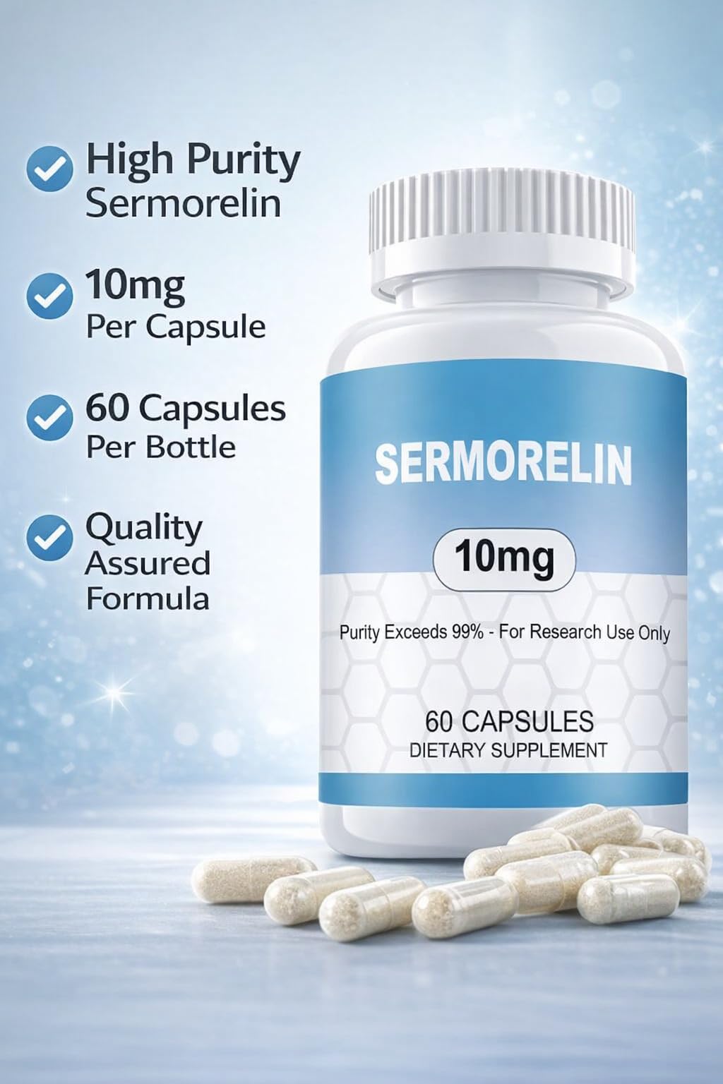 WUCOO Sermorelin 10MG capsules back panel showing purity and batch details.