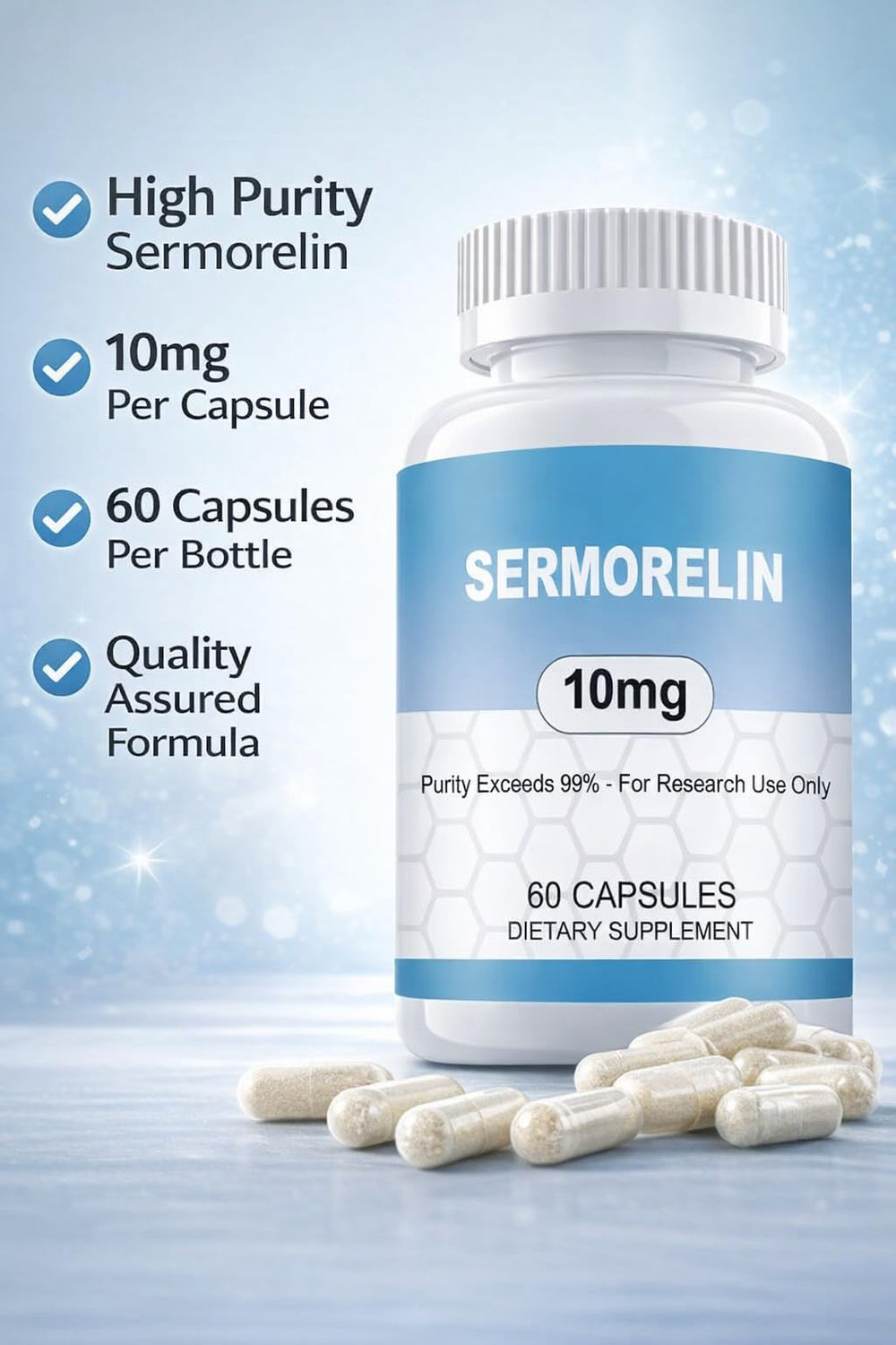 WUCOO Sermorelin 10MG capsules back panel showing purity and batch details.