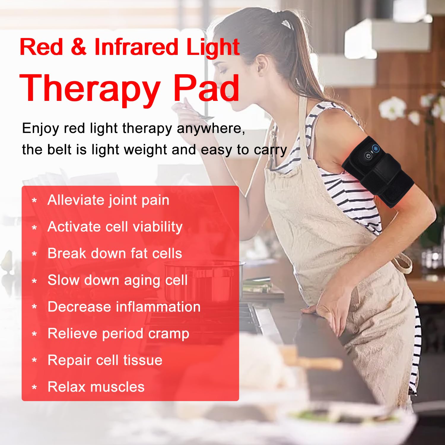 WUKOUOIO red light therapy belt controller illustrates adjustable modes and timing