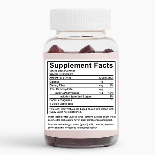 Wuliao Clean Fiber Gummies ingredient label highlighting natural vegan friendly prebiotic fiber.