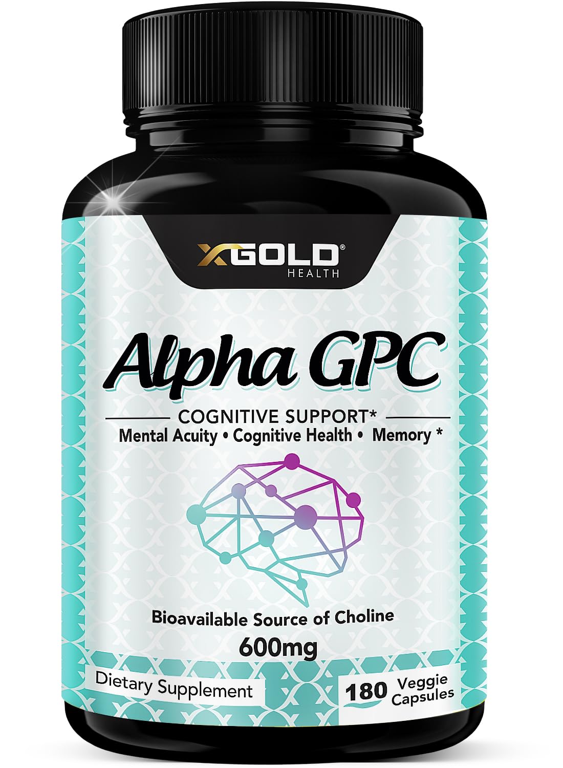 X Gold Health Alpha GPC 600mg bottle front, premium nootropic for focus and memory