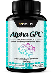 X Gold Health Alpha GPC 600mg bottle front, premium nootropic for focus and memory