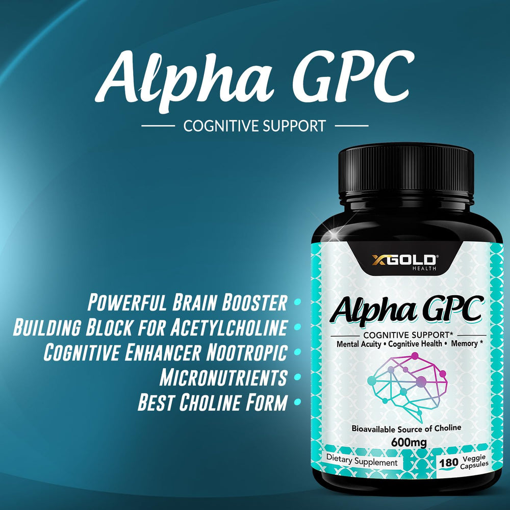 X Gold Health Alpha GPC 600mg bottle stack demonstrates convenient daily supplementation