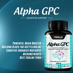 X Gold Health Alpha GPC 600mg bottle stack demonstrates convenient daily supplementation
