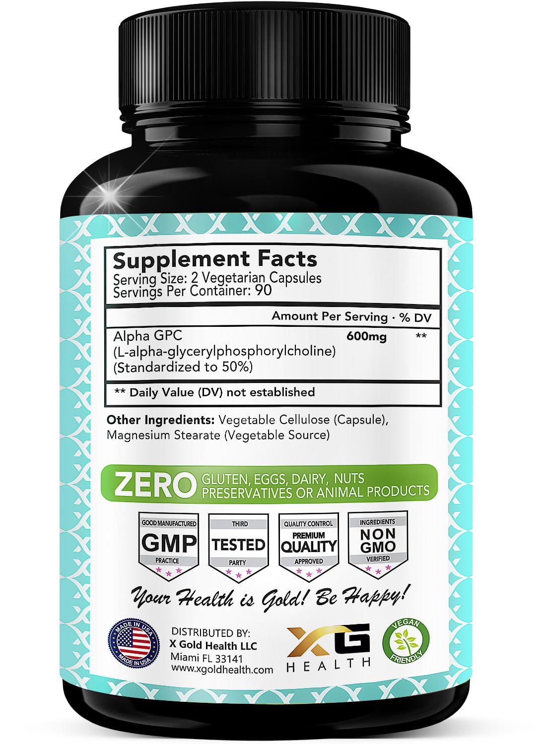 X Gold Health Alpha GPC 600mg capsules close-up, high-purity choline for cognitive support