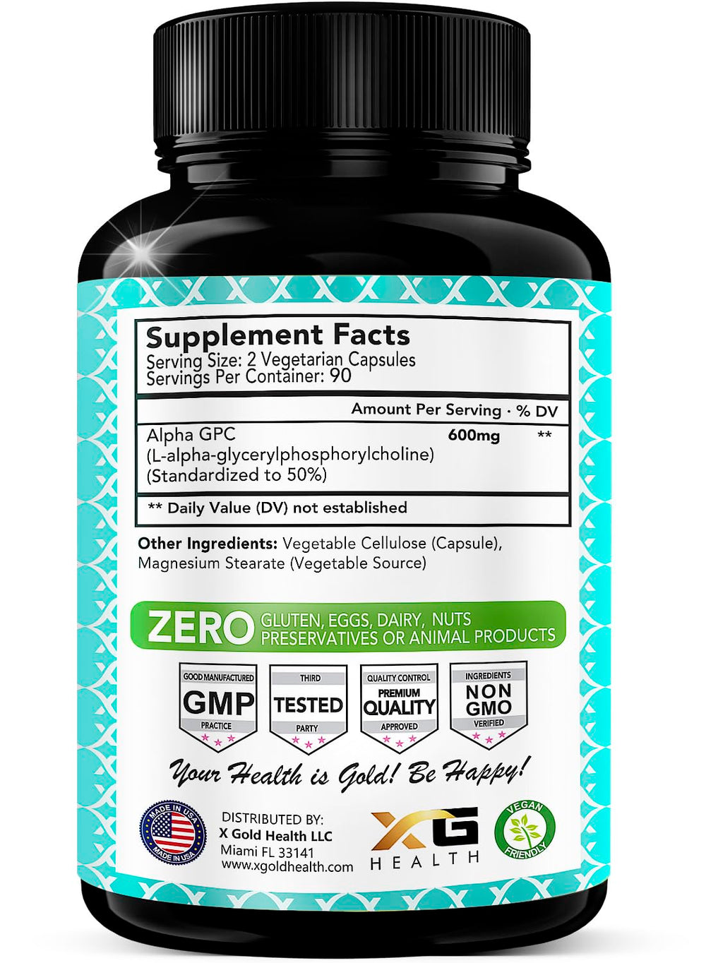 X Gold Health Alpha GPC 600mg capsules close-up, high-purity choline for cognitive support
