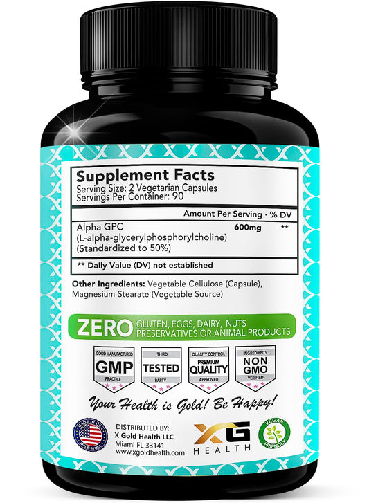 X Gold Health Alpha GPC 600mg capsules close-up, high-purity choline for cognitive support