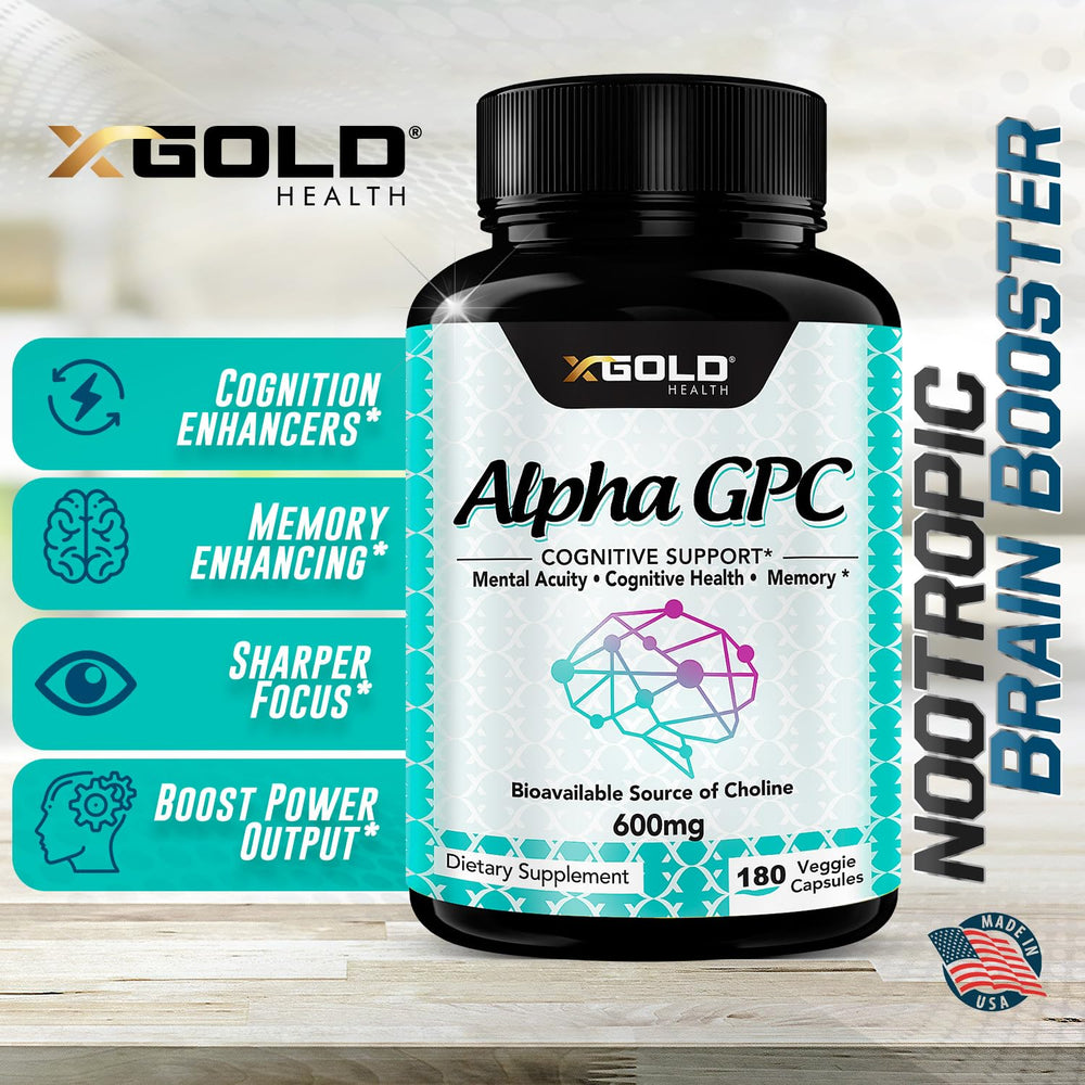 X Gold Health Alpha GPC 600mg capsules in hand indicate portable brain boost