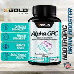 X Gold Health Alpha GPC 600mg capsules in hand indicate portable brain boost