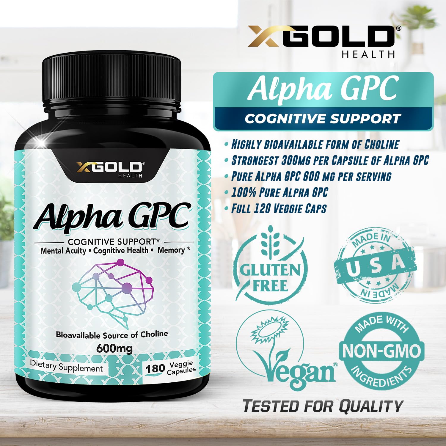 X Gold Health Alpha GPC 600mg daily dose shown for steady energy and focus