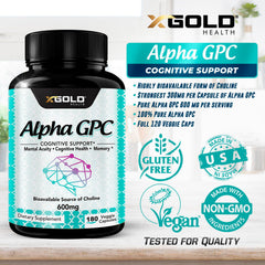 X Gold Health Alpha GPC 600mg daily dose shown for steady energy and focus