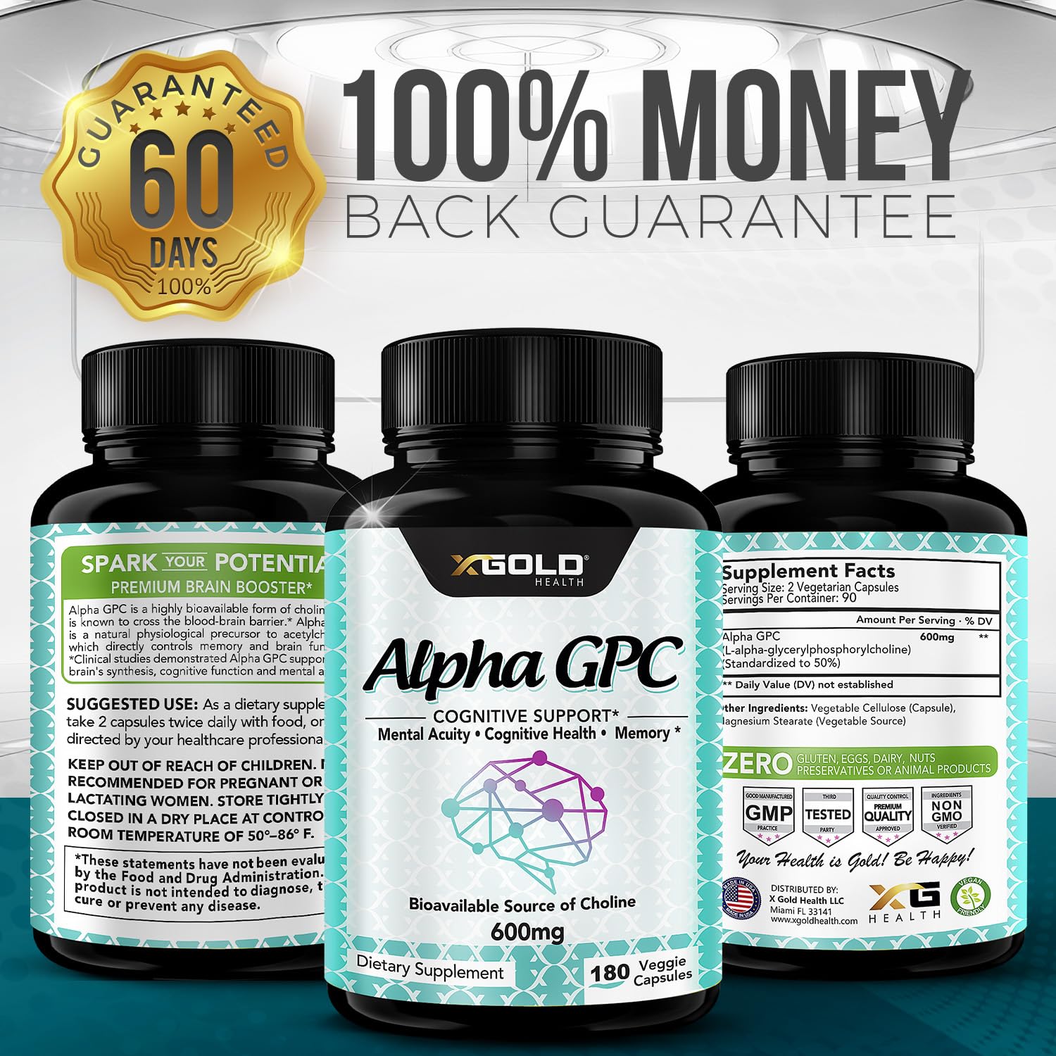 X Gold Health Alpha GPC 600mg bottle with glass, suggesting daily cognitive support