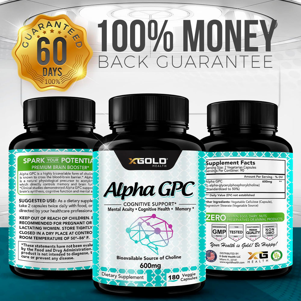 X Gold Health Alpha GPC 600mg bottle with glass, suggesting daily cognitive support
