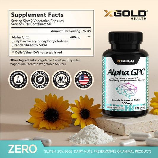 Alpha GPC capsules closeup from X Gold Health highlighting focus use