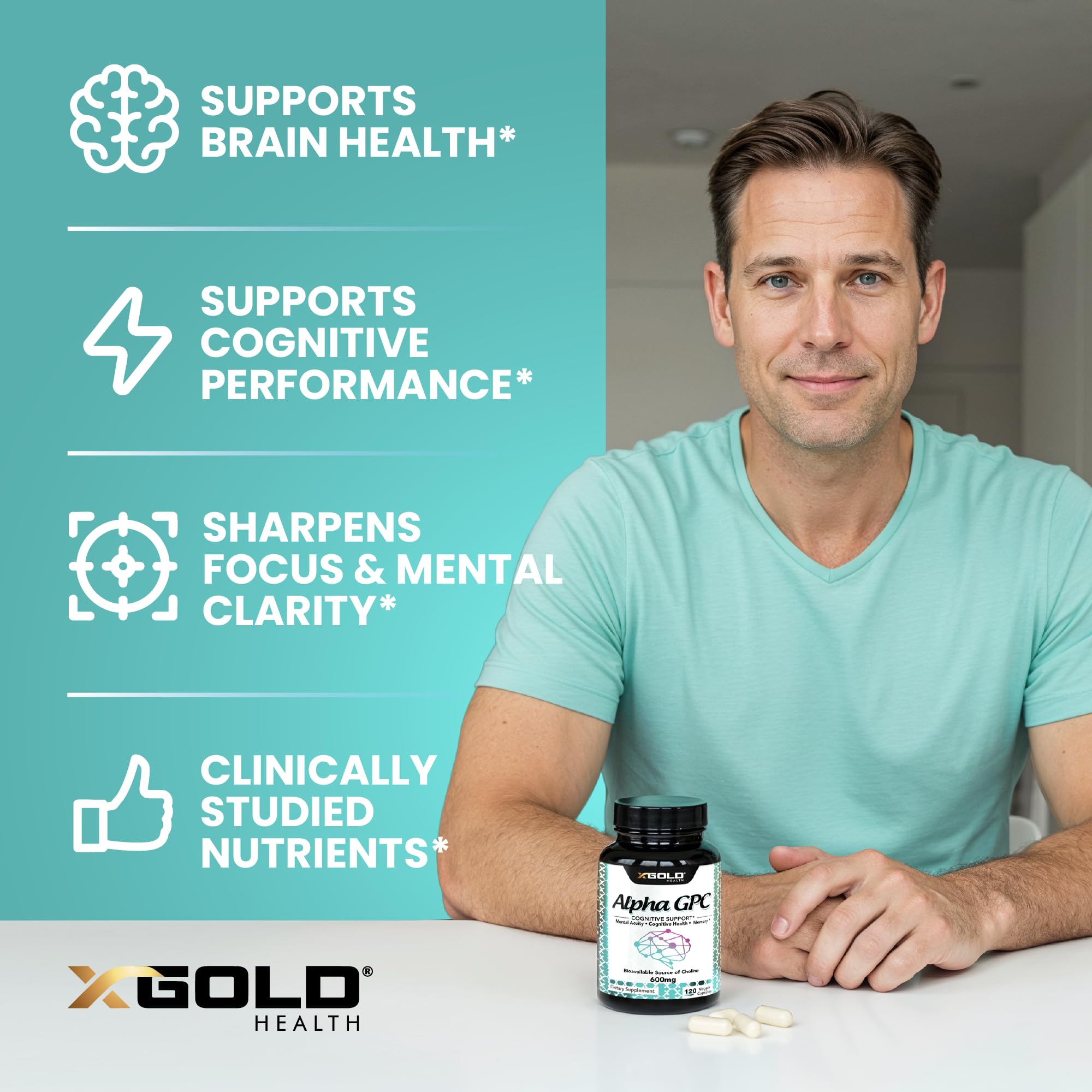 X Gold Health Alpha GPC veggie capsules emphasize vegan formula