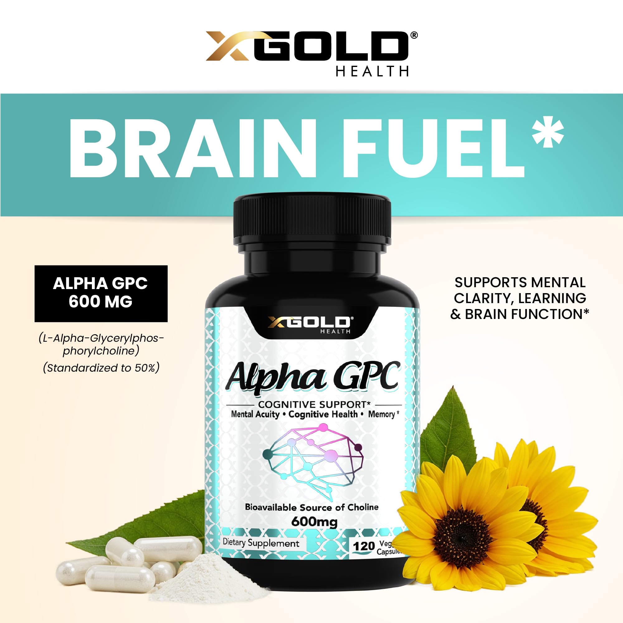 X Gold Health Alpha GPC bottle on desk suggesting daily cognitive support