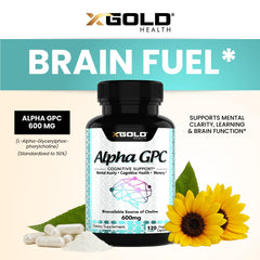 X Gold Health Alpha GPC bottle on desk suggesting daily cognitive support
