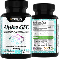 X Gold Health Alpha GPC bottle on workspace for daily routine