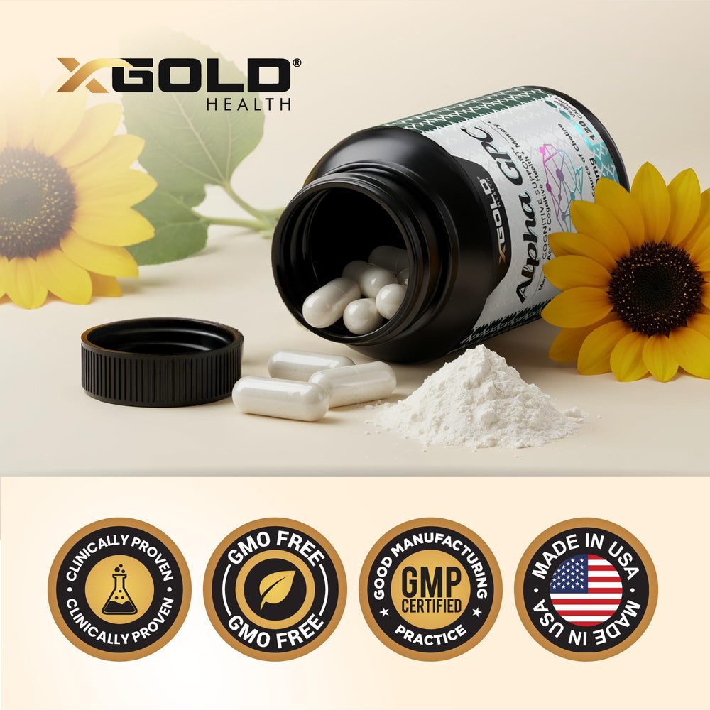 X Gold Health Alpha GPC supplement facts panel highlights dosage