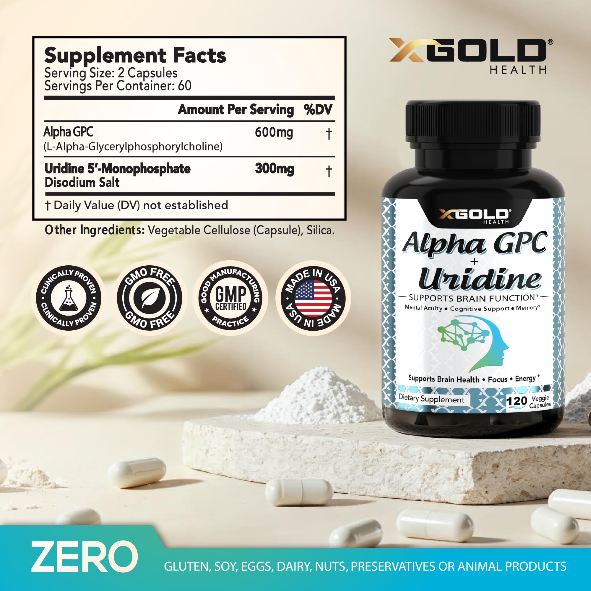 X Gold Health Alpha GPC Uridine capsules ready for daily focus